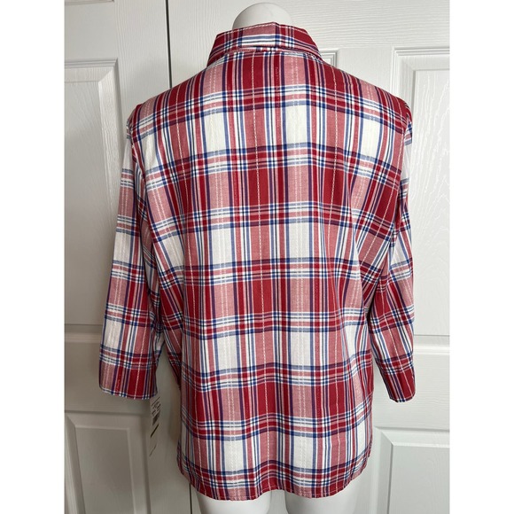 Alfred Dunner Women's Red Plaid 3/4 Sleeve Button Front Top Floral Beading 14P - Picture 6 of 10